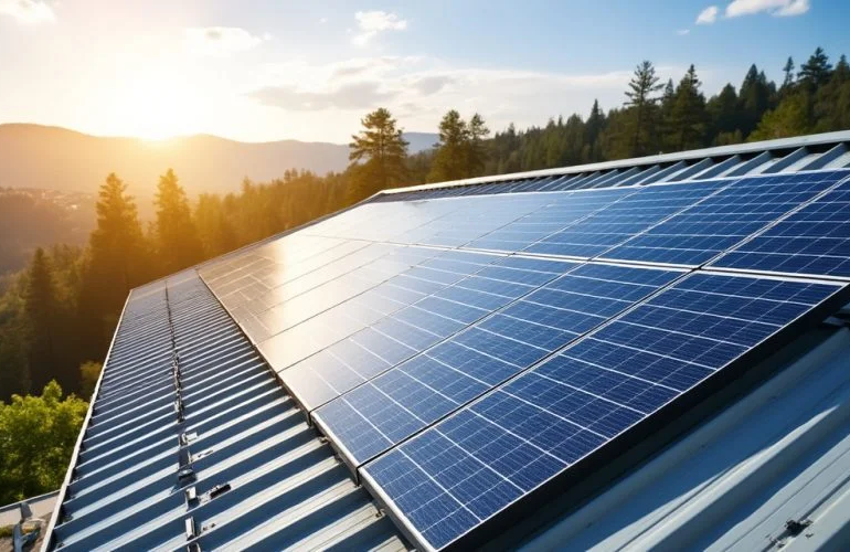 Solar Panels on Rooftop at Sunrise